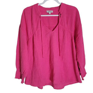Evereve Women's Size Large Pink Blouse Top Gauzy Cotton Smock Sleeve Beach Boho